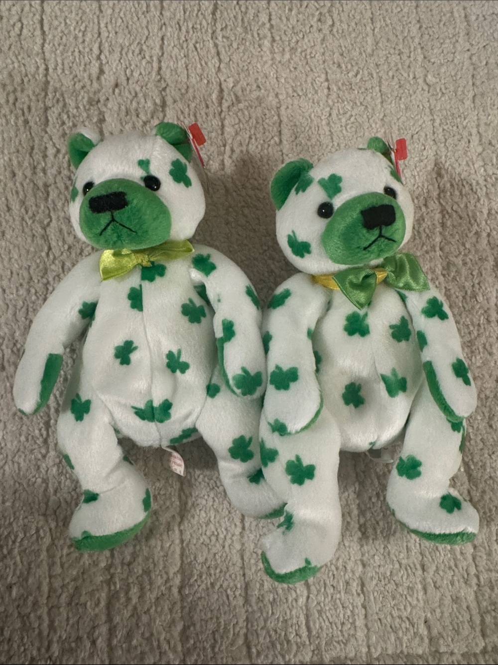 Ty White Plush Bear Pair with Green Shamrock Pattern clover beanie baby